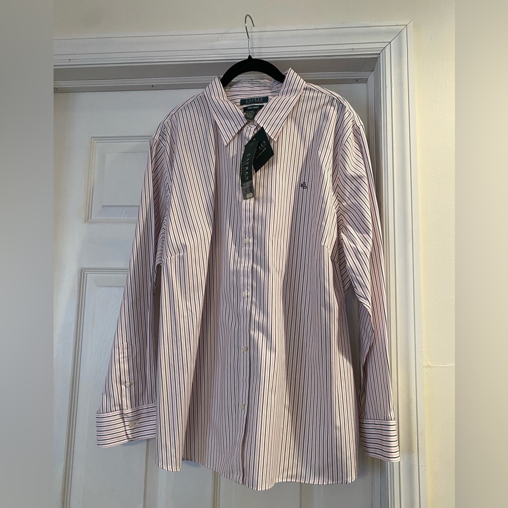 Lauren Ralph Lauren - White-Pink-Black-Striped Button Down Blouse-3X No Iron NWT